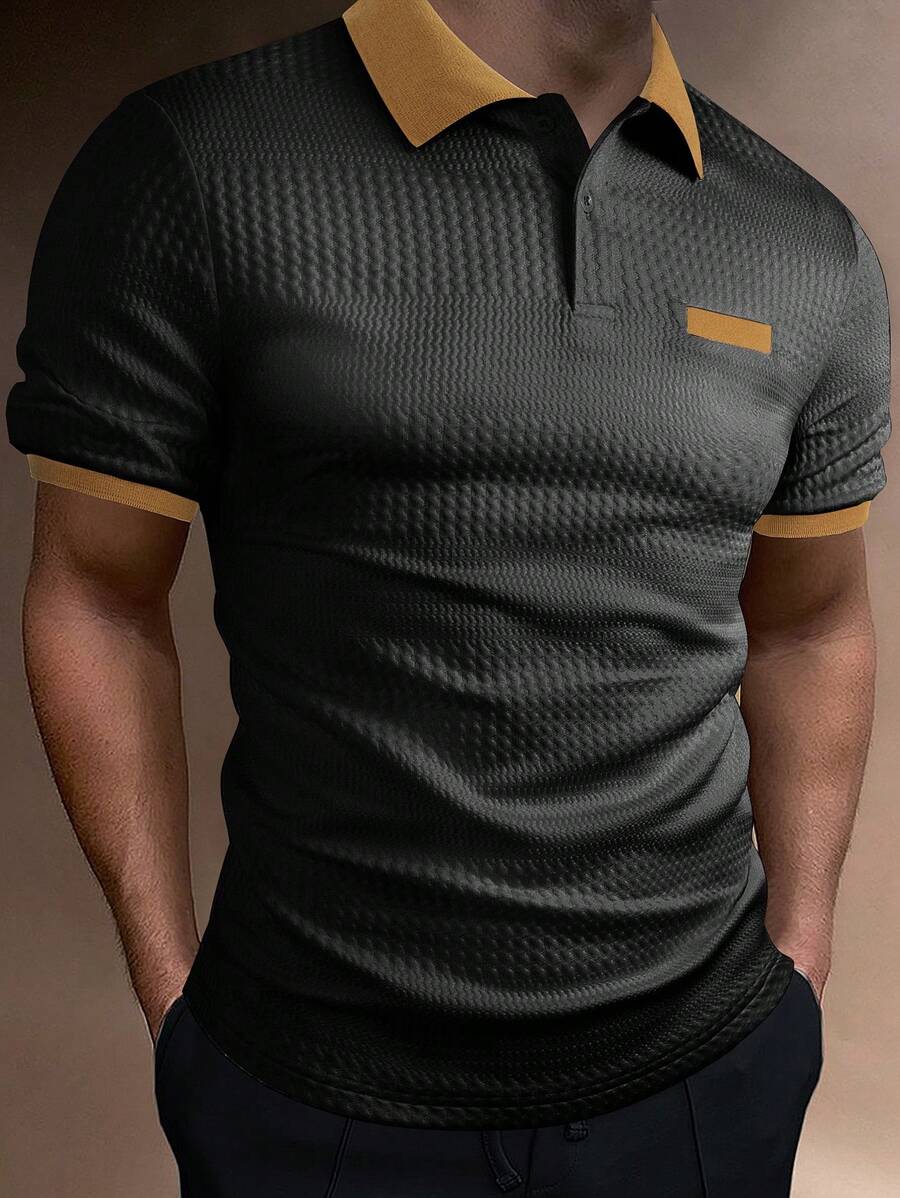 Manfinity Homme 男士拼接領POLO衫 - 黑色 - 查看 1