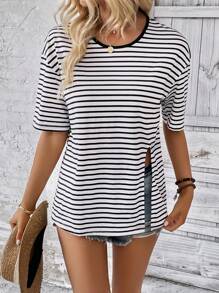 SHEIN LUNE 條紋印花落肩袖下擺開叉T恤 - 黑與白 - 查看 1