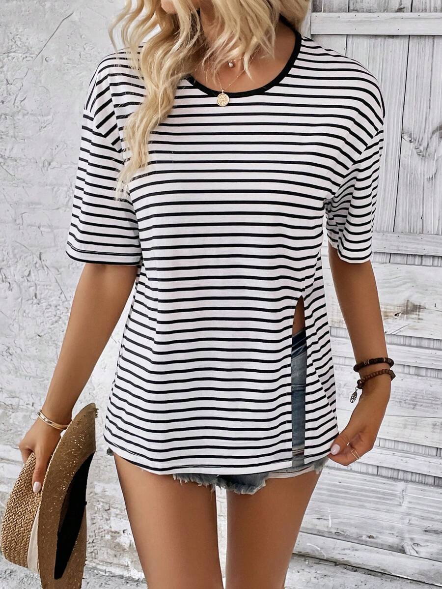 SHEIN LUNE 條紋印花落肩袖下擺開叉T恤 - 黑與白 - 查看 1