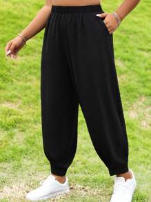 Flirla 大碼素色斜口袋長褲 - 黑色 - 查看 1