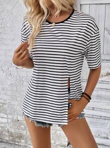 SHEIN LUNE 條紋印花落肩袖下擺開叉T恤 - 黑與白 - 查看 3