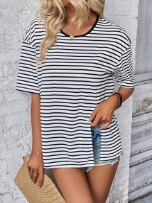 SHEIN LUNE 條紋印花落肩袖下擺開叉T恤 - 黑與白 - 查看 4