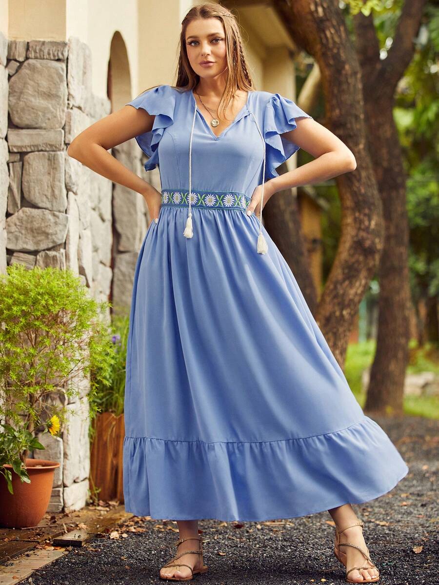 S BETRO Đầm Plus Size Thêu Viên lá sen mép Thắt nơ trước Hoa Boho - Màu xanh lam - Xem 1