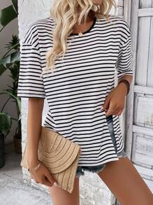 SHEIN LUNE 條紋印花落肩袖下擺開叉T恤 - 黑與白 - 查看 5