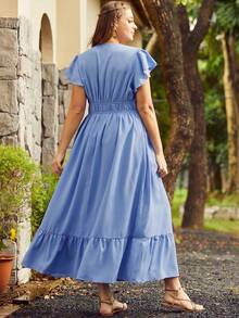 S BETRO Đầm Plus Size Thêu Viên lá sen mép Thắt nơ trước Hoa Boho - Màu xanh lam - Xem 2