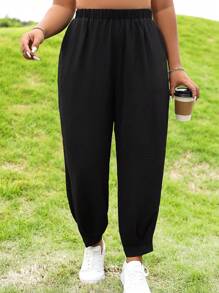 Flirla 大碼素色斜口袋長褲 - 黑色 - 查看 4