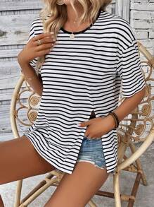 SHEIN LUNE 條紋印花落肩袖下擺開叉T恤 - 黑與白 - 查看 6