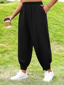 Flirla 大碼素色斜口袋長褲 - 黑色 - 查看 5