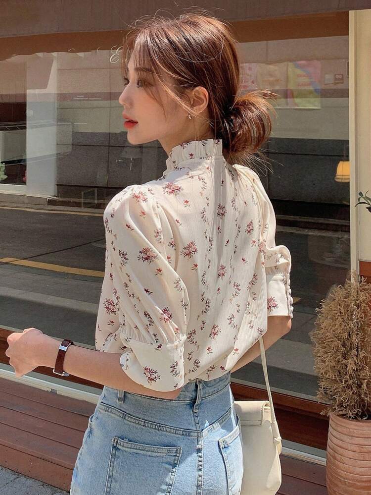 Floral Print Tie Neck Puff Sleeve Blouse Vacation Outfits Women Easter Boho