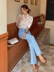 DAZY 印花系领泡泡袖衬衫度假装女装 - 杏色 - 查看 4