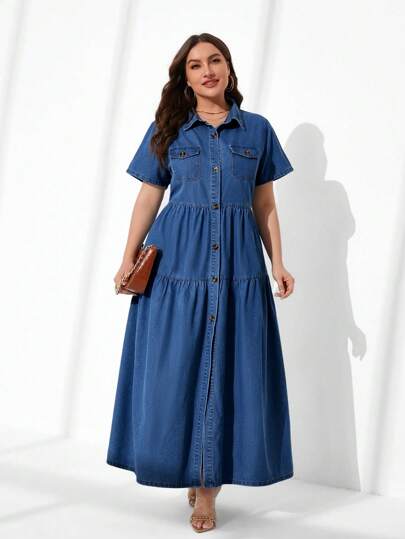 EMERY ROSE Plus Flap Pocket Ruffle Hem Denim Dress Milkmaid Dress  Autumn Outfits For Women Festival Outfits Sundress  Beach Vacation Outfits Boho Bohemia