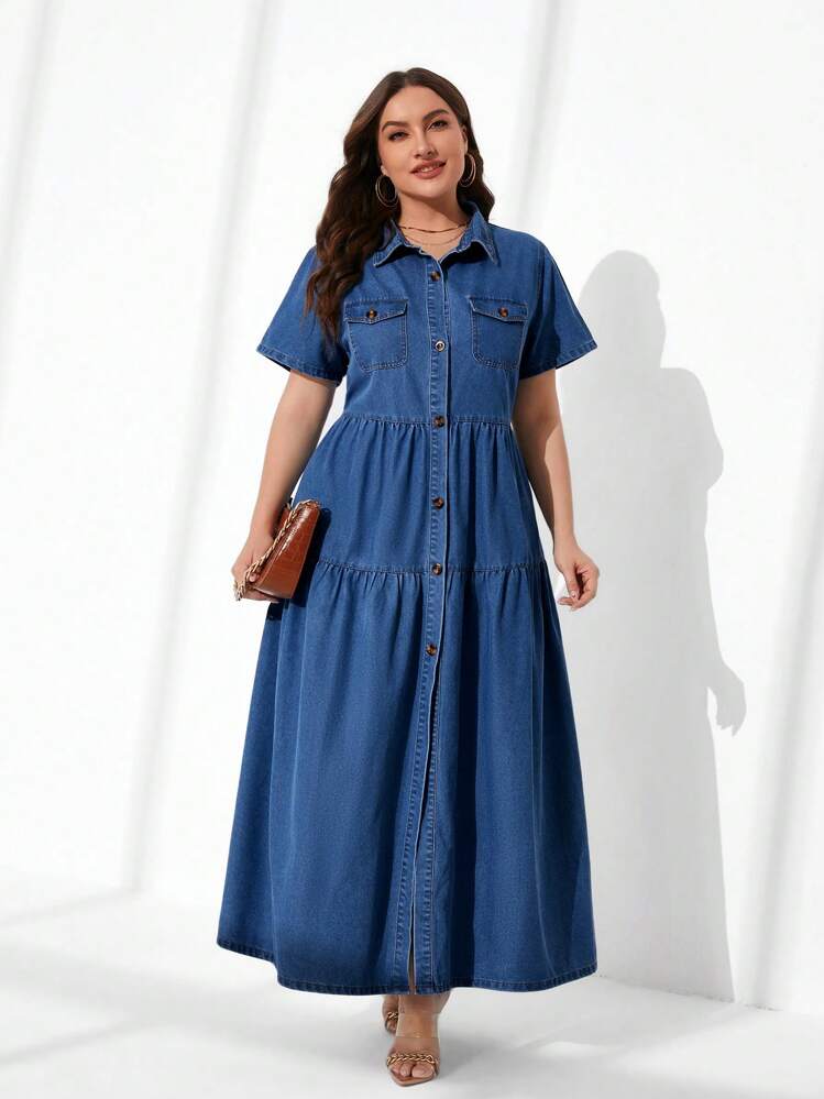 EMERY ROSE Mature Denim Plus Flap Pocket Ruffle Hem Denim Dress Milkmaid Dress  Autumn Outfits For Women Festival Outfits Sundress  Beach Vacation Outfits Boho Bohemia - Dark Wash - View 1