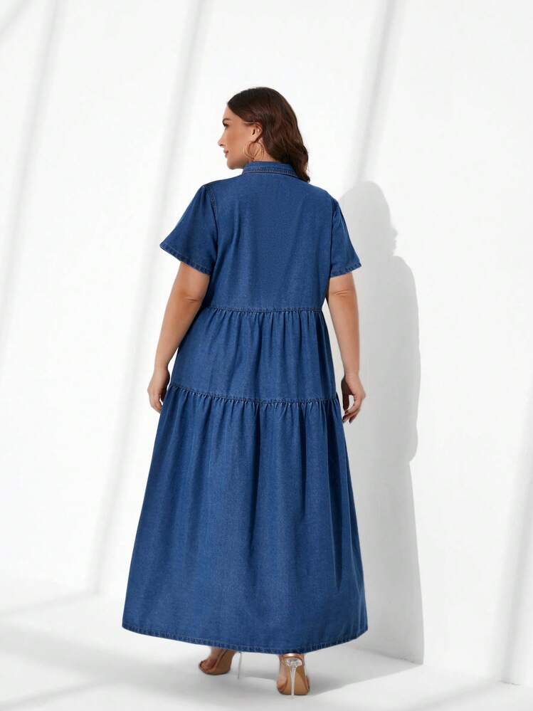 EMERY ROSE Mature Denim Plus Flap Pocket Ruffle Hem Denim Dress Milkmaid Dress  Autumn Outfits For Women Festival Outfits Sundress  Beach Vacation Outfits Boho Bohemia - Dark Wash - View 2