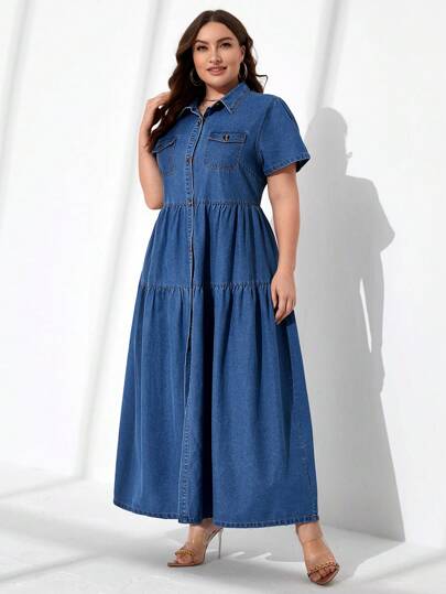 EMERY ROSE Plus Flap Pocket Ruffle Hem Denim Dress Milkmaid Dress  Autumn Outfits For Women Festival Outfits Sundress  Beach Vacation Outfits Boho Bohemia