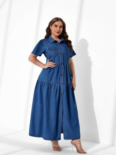 EMERY ROSE Plus Flap Pocket Ruffle Hem Denim Dress Milkmaid Dress  Autumn Outfits For Women Festival Outfits Sundress  Beach Vacation Outfits Boho Bohemia