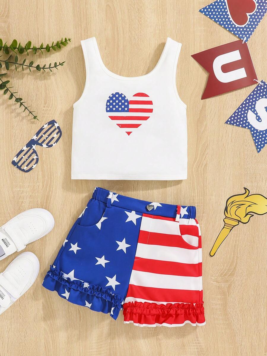 SHEIN Girls American Flag Print Tank Top & Star Print Ruffle Hem Shorts - Multicolor - View 1