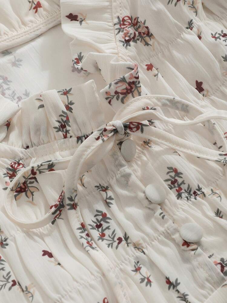 Floral Print Tie Neck Puff Sleeve Blouse Vacation Outfits Women Easter Boho