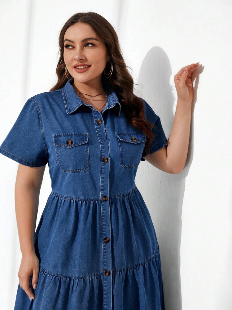 EMERY ROSE Mature Denim Plus Flap Pocket Ruffle Hem Denim Dress Milkmaid Dress  Autumn Outfits For Women Festival Outfits Sundress  Beach Vacation Outfits Boho Bohemia - Dark Wash - View 5