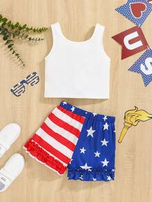 SHEIN Girls American Flag Print Tank Top & Star Print Ruffle Hem Shorts - Multicolor - View 2