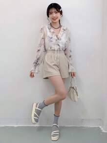 DAZY 印花荷葉邊荷葉袖前打結襯衫 - 白色 - 查看 9