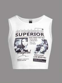 SHEIN 青少年女孩字母人物圖案短款背心 - 白色 - 查看 1