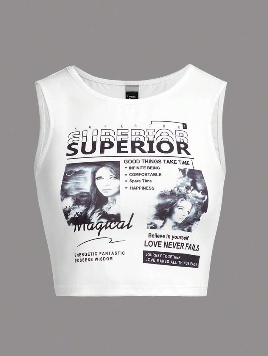 SHEIN 青少年女孩字母人物圖案短款背心 - 白色 - 查看 1