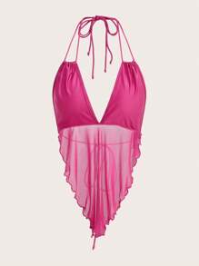 SHEIN ICON Solid Hanky Hem Halter Top - Hot Pink - View 1