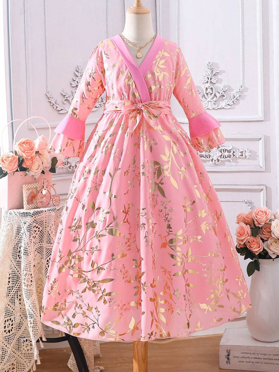 SHEIN 女孩金色植物圖案荷葉袖繫腰帶連衣裙 - 粉色 - 查看 1