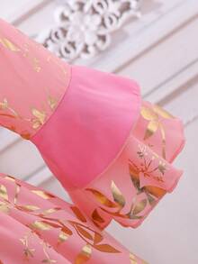 SHEIN 女孩金色植物圖案荷葉袖繫腰帶連衣裙 - 粉色 - 查看 4