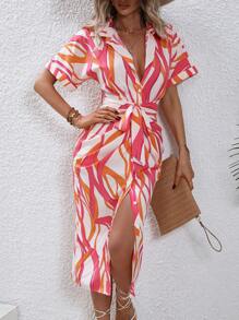 SHEIN Clasi Allover Print Belted Shirt Dress