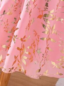 SHEIN 女孩金色植物圖案荷葉袖繫腰帶連衣裙 - 粉色 - 查看 6