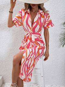 SHEIN Clasi Allover Print Belted Shirt Dress