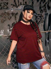 ROMWE Grunge Punk Plus Striped Print Drop Shoulder Tee - Multicolor - View 1