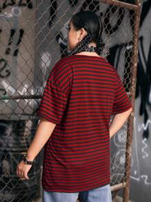 ROMWE Grunge Punk Plus Striped Print Drop Shoulder Tee - Multicolor - View 2