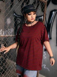ROMWE Grunge Punk Plus Striped Print Drop Shoulder Tee - Multicolor - View 4