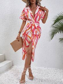 SHEIN Clasi Allover Print Belted Shirt Dress