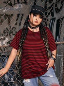 ROMWE Grunge Punk Plus Striped Print Drop Shoulder Tee - Multicolor - View 5
