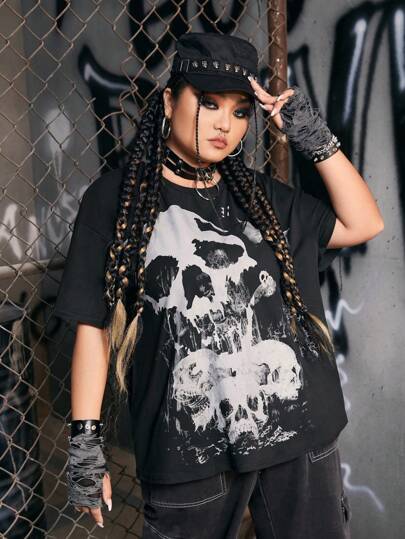 Grunge Punk Plus Skull Print Drop Shoulder Tee