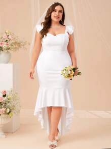 SHEIN Belle Plus Ruffle Trim High Low Hem Wedding Dress Without Veil - White - View 1