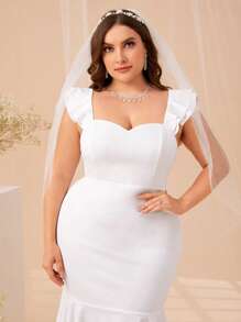 SHEIN Belle Plus Ruffle Trim High Low Hem Wedding Dress Without Veil - White - View 7