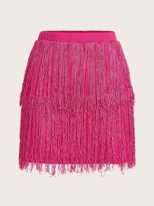 SHEIN ICON Solid Fringe Trim Skirt - Hot Pink - View 1