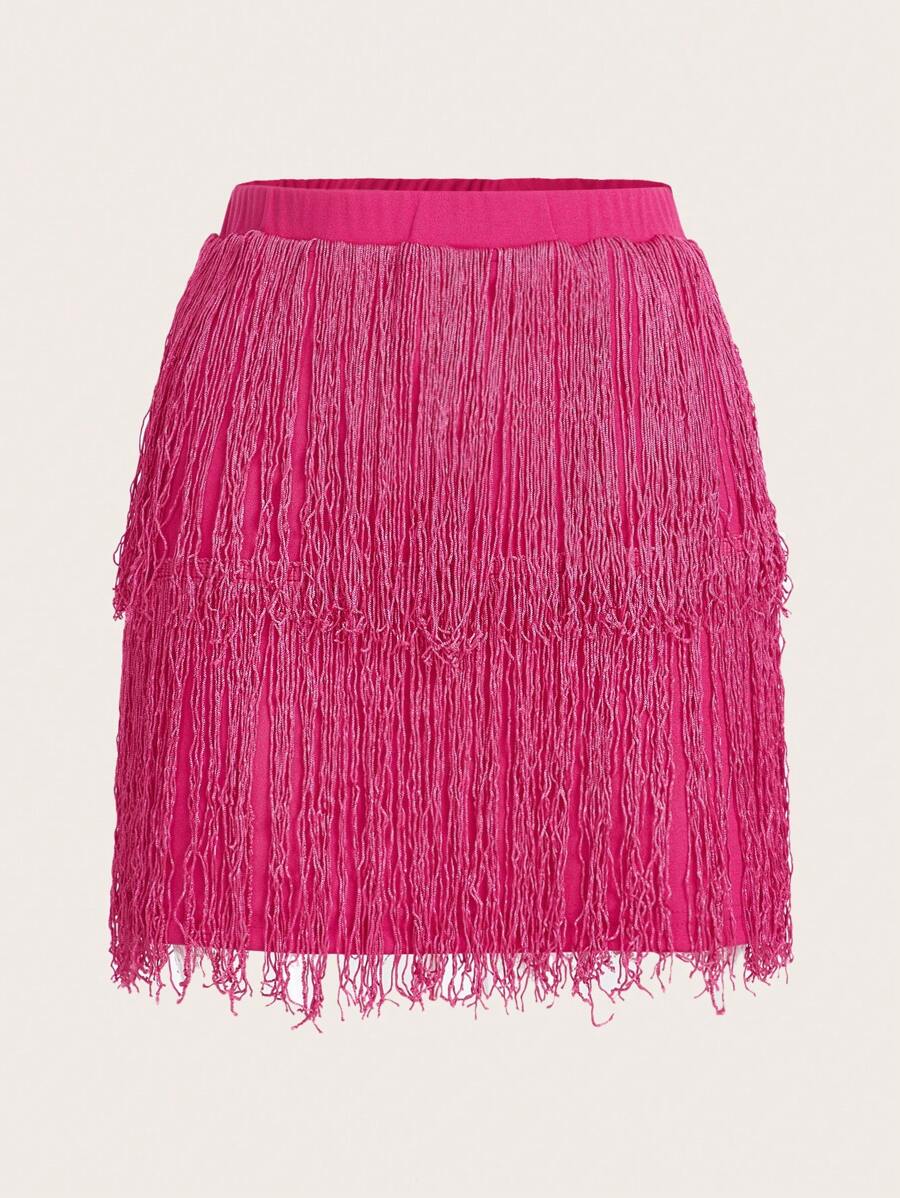 SHEIN ICON Solid Fringe Trim Skirt - Hot Pink - View 1