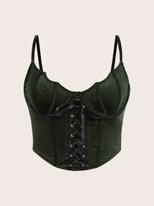 ROMWE Goth Plus Lace Up Front Cami Top - Dark Green - View 1