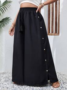 SHEIN VCAY Quần Plus Size mép Nút phía trước màu trơn Giải trí - màu đen - Xem 1