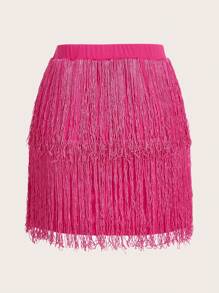 SHEIN ICON Solid Fringe Trim Skirt - Hot Pink - View 2