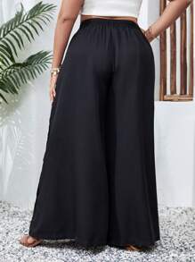 SHEIN VCAY Quần Plus Size mép Nút phía trước màu trơn Giải trí - màu đen - Xem 2