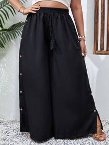 SHEIN VCAY Quần Plus Size mép Nút phía trước màu trơn Giải trí - màu đen - Xem 3