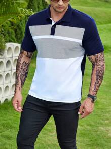 Manfinity Homme Áo thun có cổ Nam Nút Khối Màu Sọc Giải trí - Xanh và trắng - Xem 1