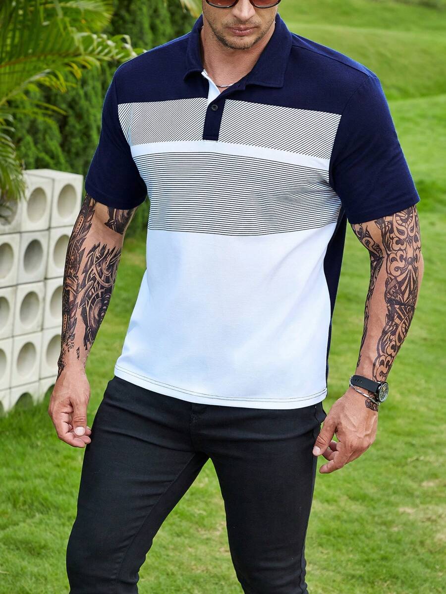 Manfinity Homme Áo thun có cổ Nam Nút Khối Màu Sọc Giải trí - Xanh và trắng - Xem 1