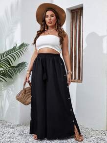 SHEIN VCAY Quần Plus Size mép Nút phía trước màu trơn Giải trí - màu đen - Xem 4
